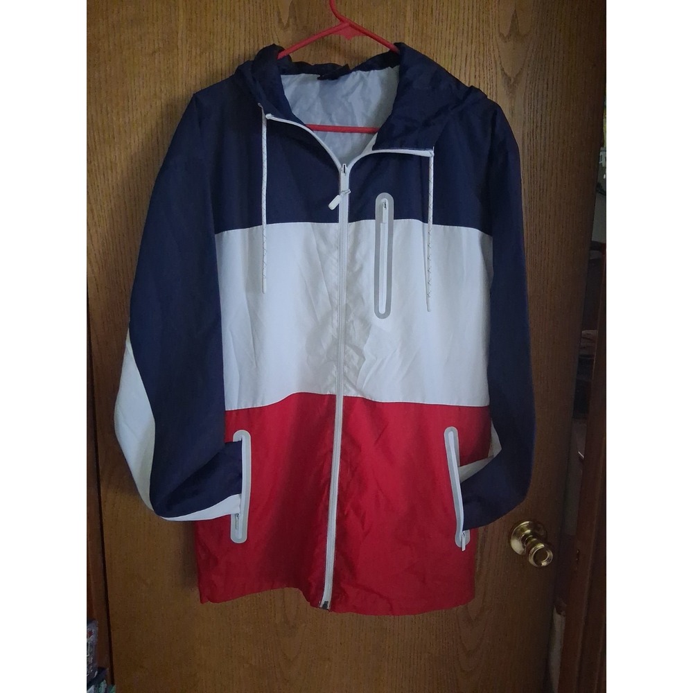 CSG Men's Medium Red White Blue Lightweight Windbreaker Zip Up Hooded read - Picture 3 of 10